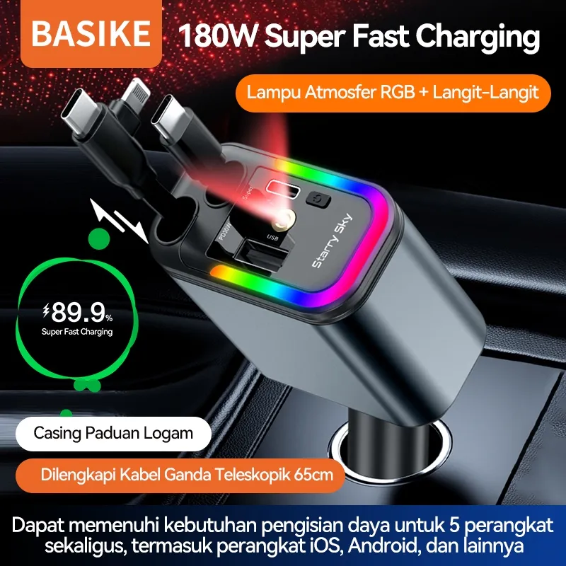 [HOT]BASIKE Car Charger 180W Super Fast Charging Colokan Mobil RGB with Kabel Data Type C Lightning