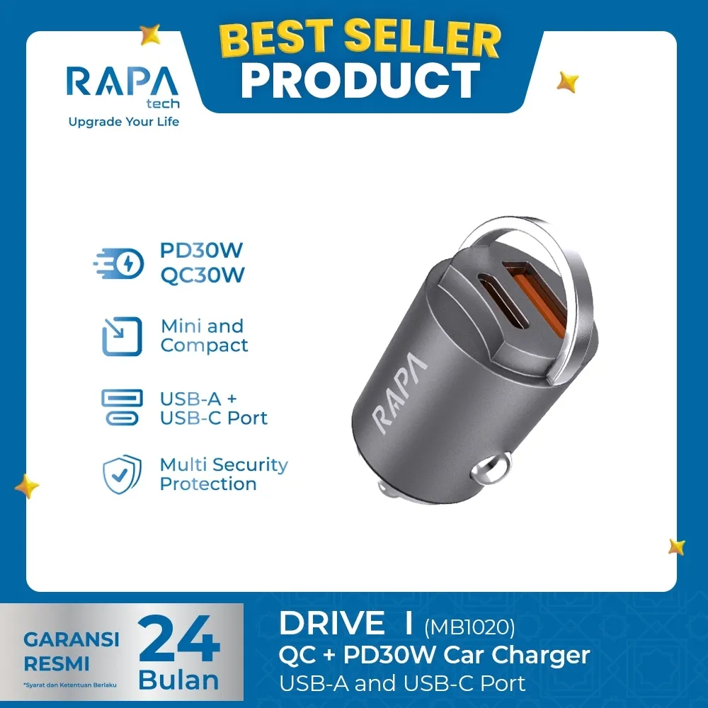 RAPAtech Car Charger DRIVE I Dual Port Fast Charging 30W MB1020 Charger Mobil Fast Charging Casan Mobil
