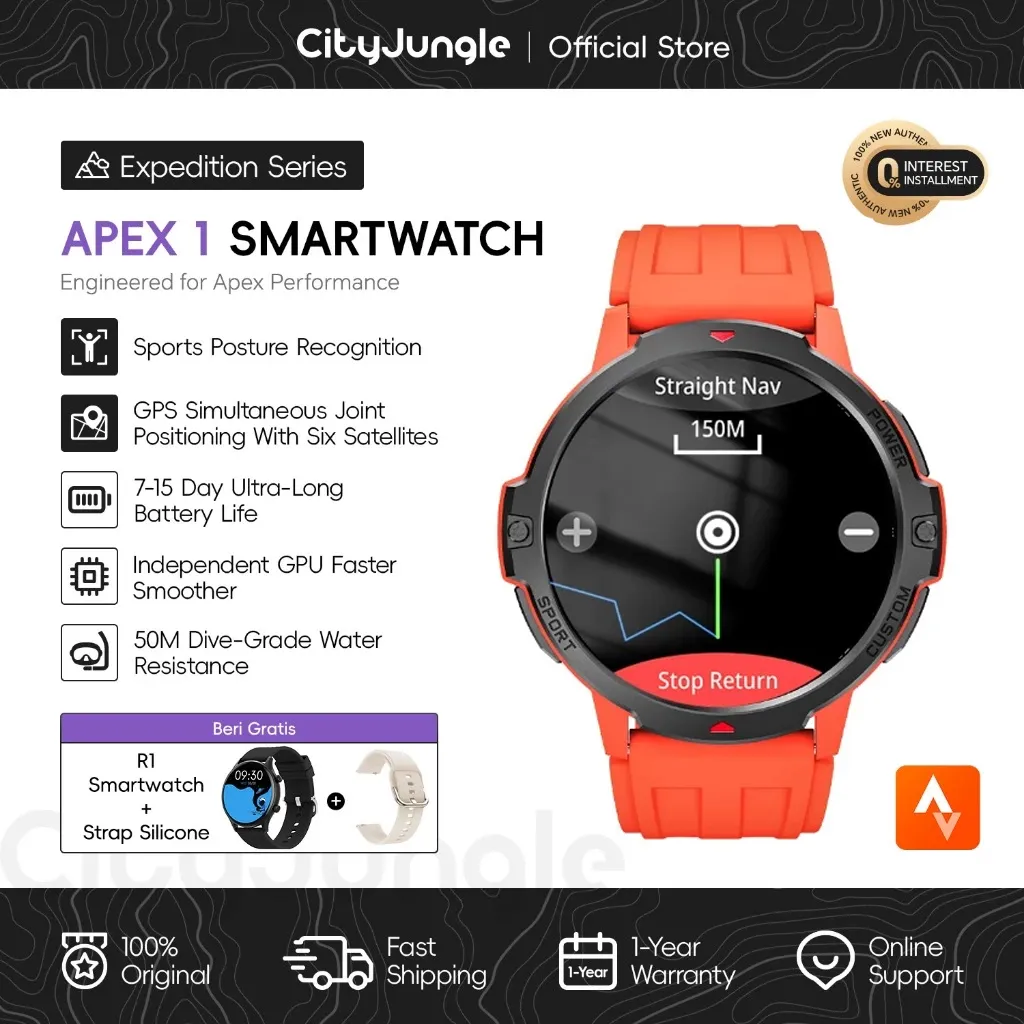 [Bonus R1 + Extra Strap] Cityjungle Apex 1 Smartwatch GPS Jam Tangan Pintar | GPS Akurat | Tahan Air 3ATM | 100+ Mode Olahraga | Heart Rate & Sleep Monitor | Support Strava | Smartwatch Pria Wanita