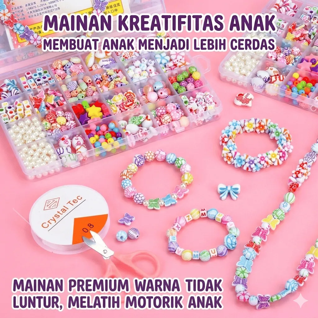 Mainan Edukasi Kreatifitas Anak Meronce manik /mute /pernak pernik PLUS TALI & KOTAK BESAR 24 SEKAT/KOTAK BUNGA Gelang / Kalung /  Gantungan Masker DIY