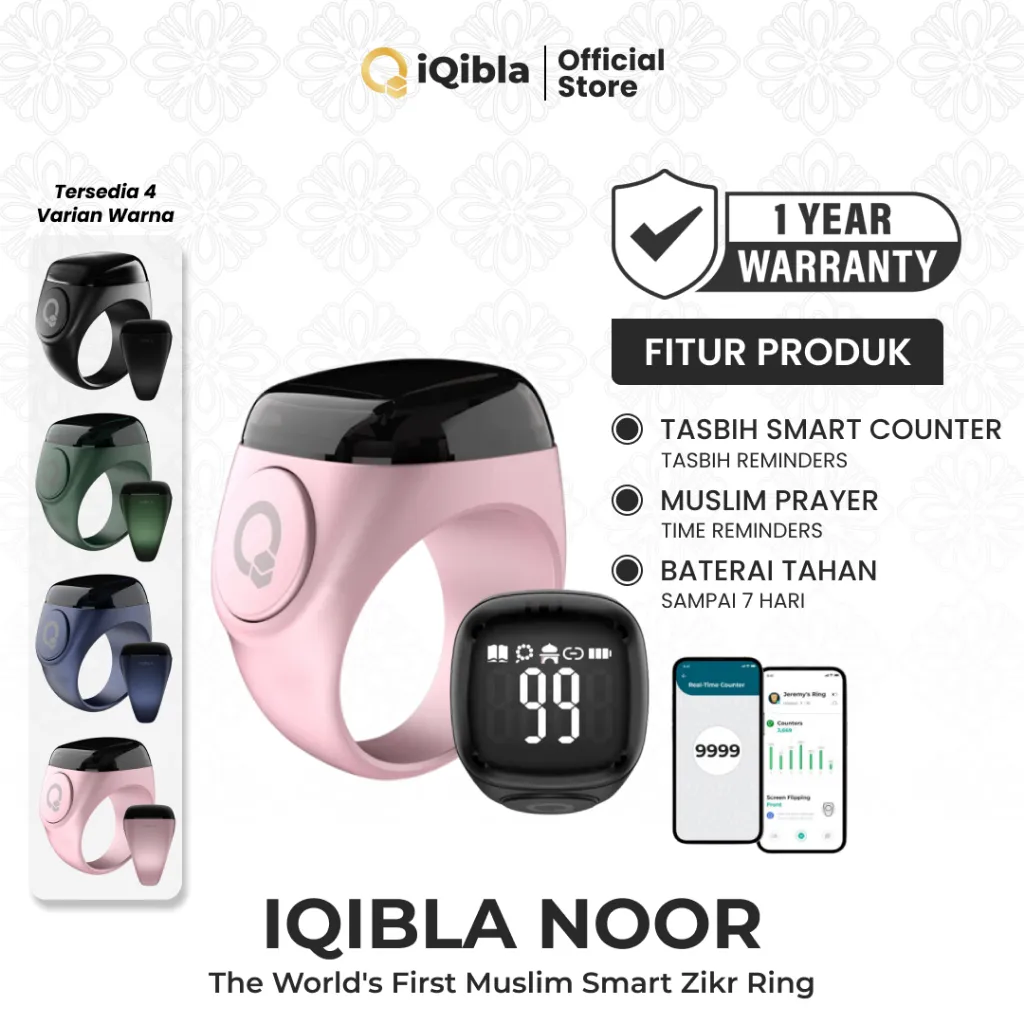 iQibla Zikr Ring Noor N01 Smart Tasbih Digital Hitung Zikir Harian Muslim Modern Baterai Tahan Lama Cincin Zikir Pink