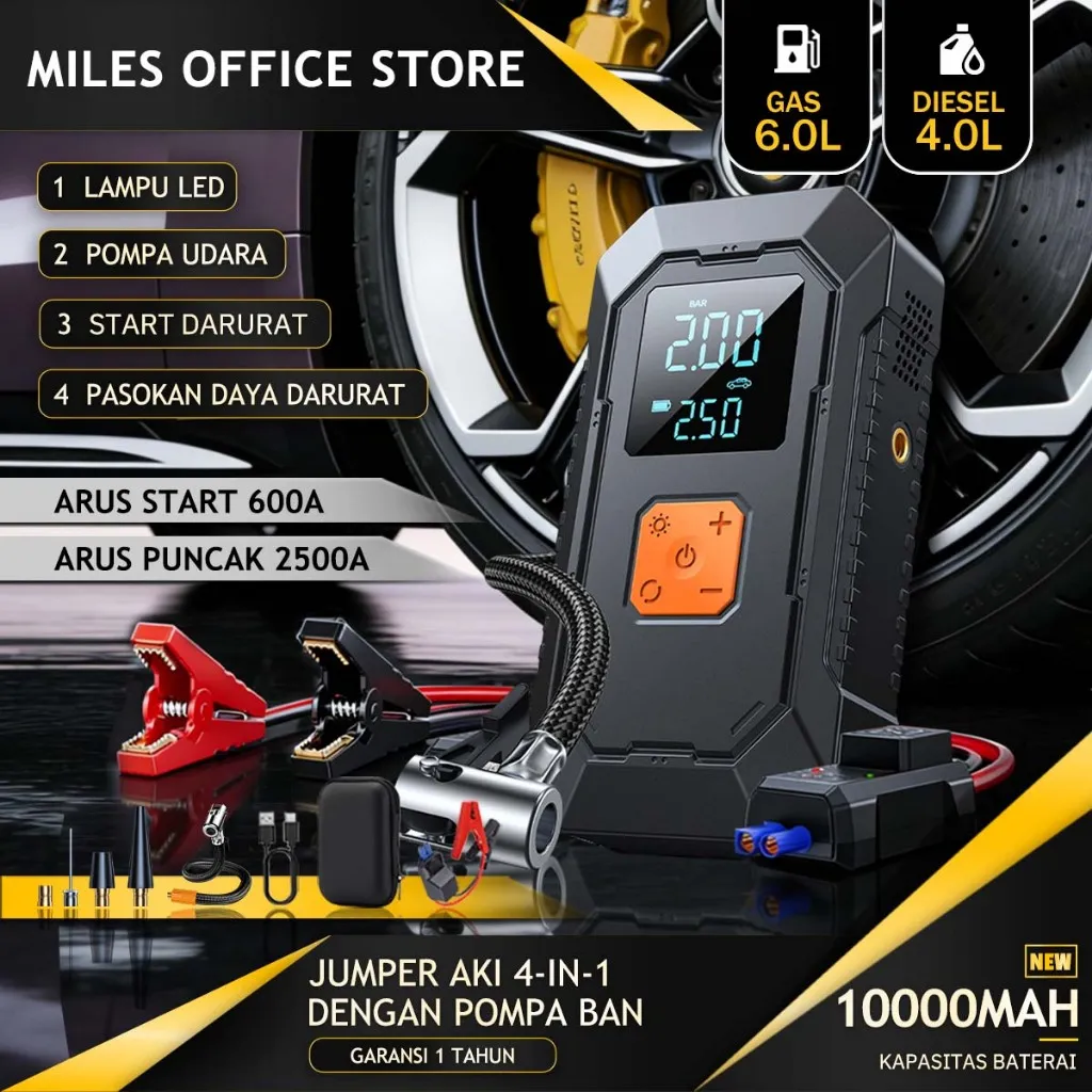 Jumper Aki Motor Portable 10000mAh 12V Dengan Pompa Ban Power Bank lampu LED Jumper Aki Mobil