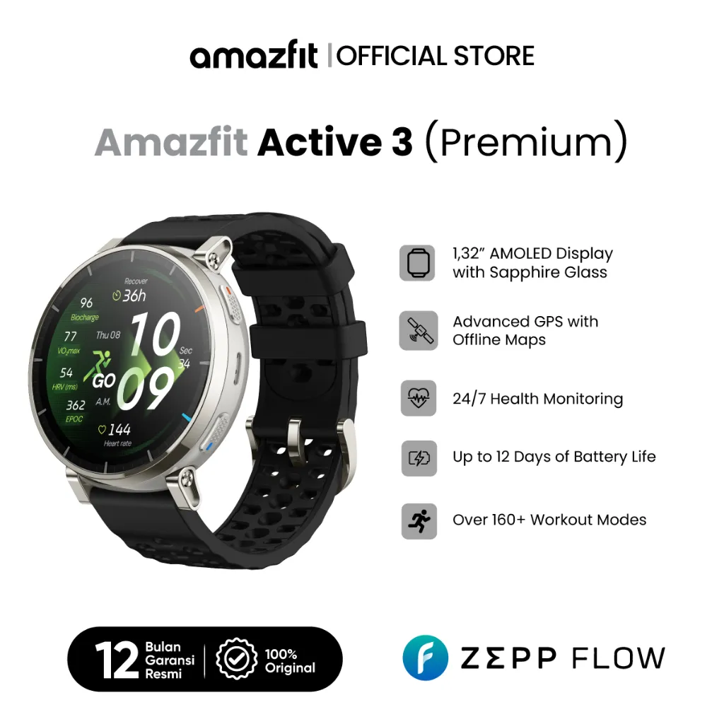 Amazfit Official Active 3 Premium | Baterai 12 Hari | 180+ Sports Modes | AMOLED Display | GPS Smartwatch | Harga Terbaik