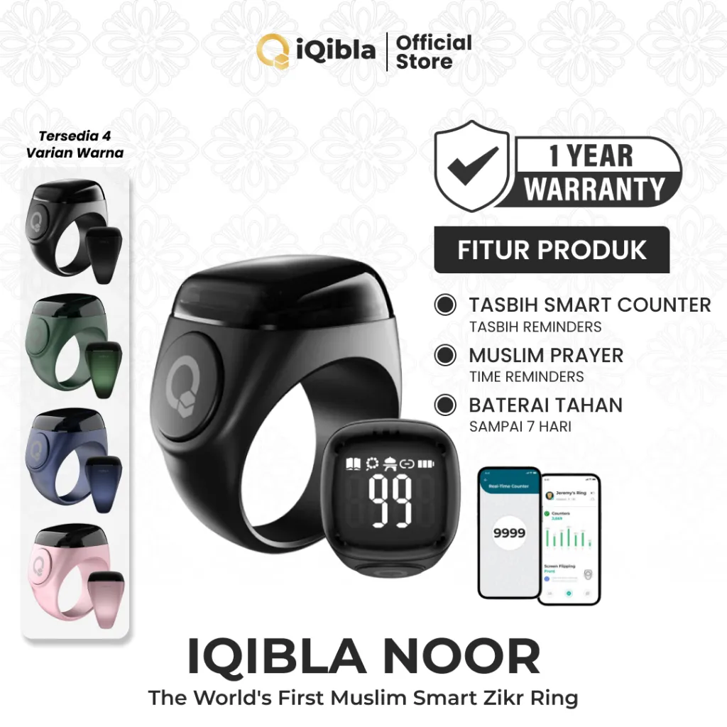 iQibla Zikr Ring Noor N01 Smart Tasbih Digital Hitung Zikir Harian Muslim Modern Baterai Tahan Lama Cincin Zikir