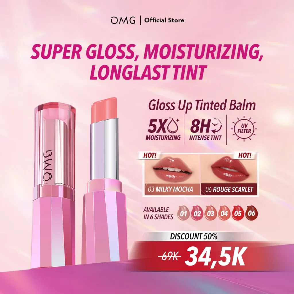 OMG OH MY GLAM Gloss Up Tinted Lip Balm 3.5 g – Hydrating Color Butter Lip Balm, Warna Intens, Tahan Lama Hingga 8 Jam, Tidak Lengket