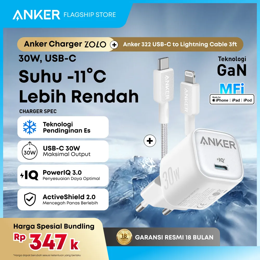 Anker Adaptor Kepala Charger Zolo 20W 30W GaN Ice-colled iPhone 16 15 14 13 12 11 Samsung Type C PD Fast Charging - A2698/A2699