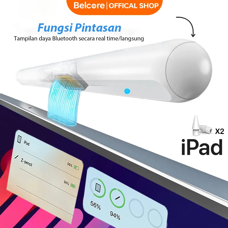 Belcore Stylus Pen iPad pencil Pro 2  for iPad pen with Palm Rejection , 1 kunci kembali,fungsi pintasan,Tampilan daya Bluetooth secara real time/langsung for ipad 2018-2025 Stylus pen