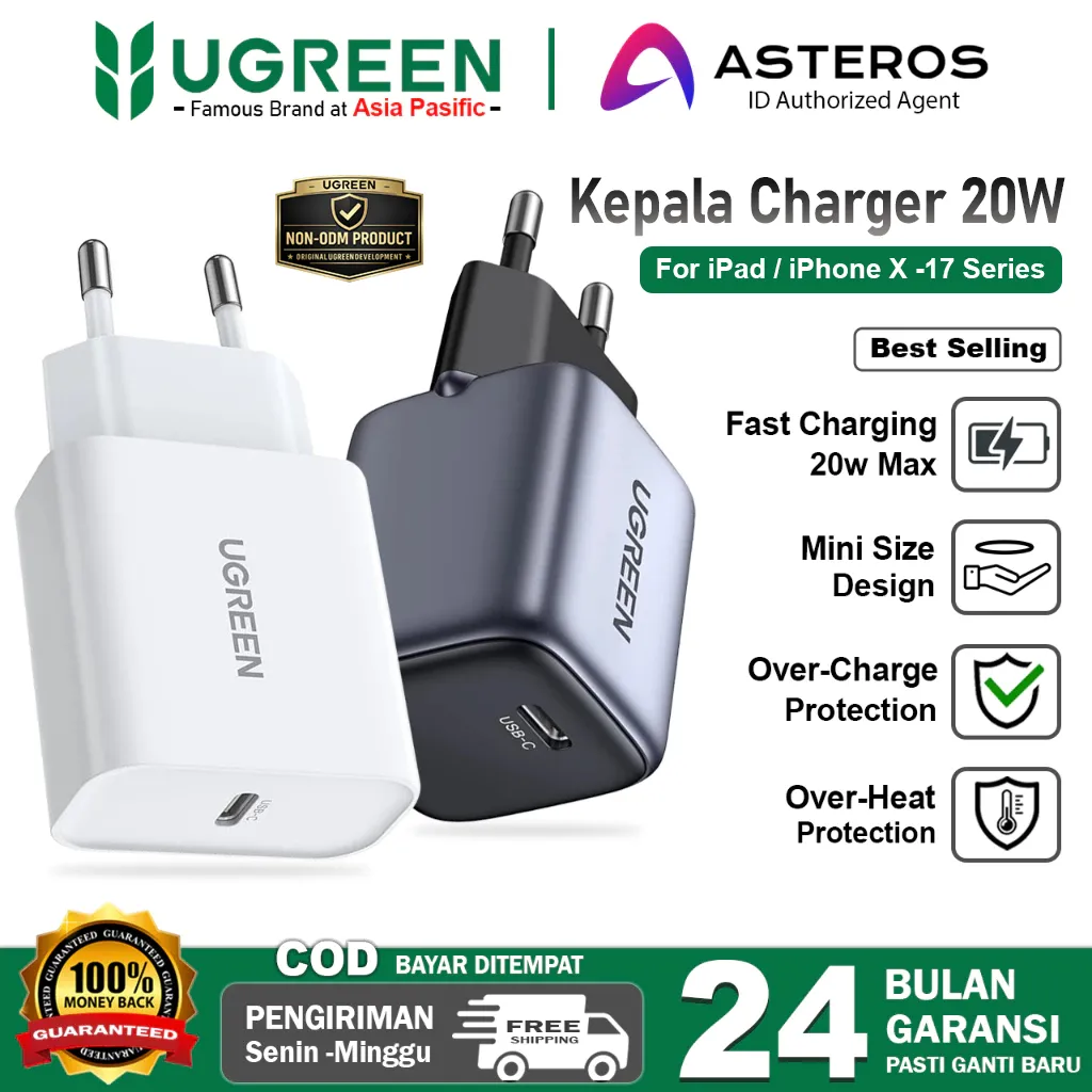UGREEN Kepala Charger For iPhone 11 12 13 14 15 16 17 Pro Max PD Type C FAST Charging 20w 30w