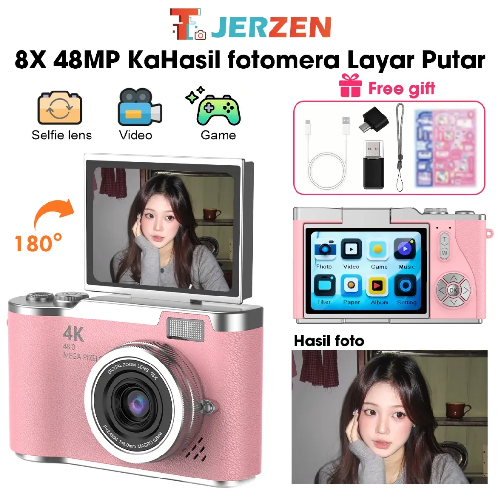 T-JERZEN Kamera Digital digicam CCD kamera mini 2,4 Inci 8X Zoom1080p Vlog Flash Otomatis Pemotretan Perekaman Video &Foto dapat dikirim ke ponsel Permainan Sempurna untuk Pelajar