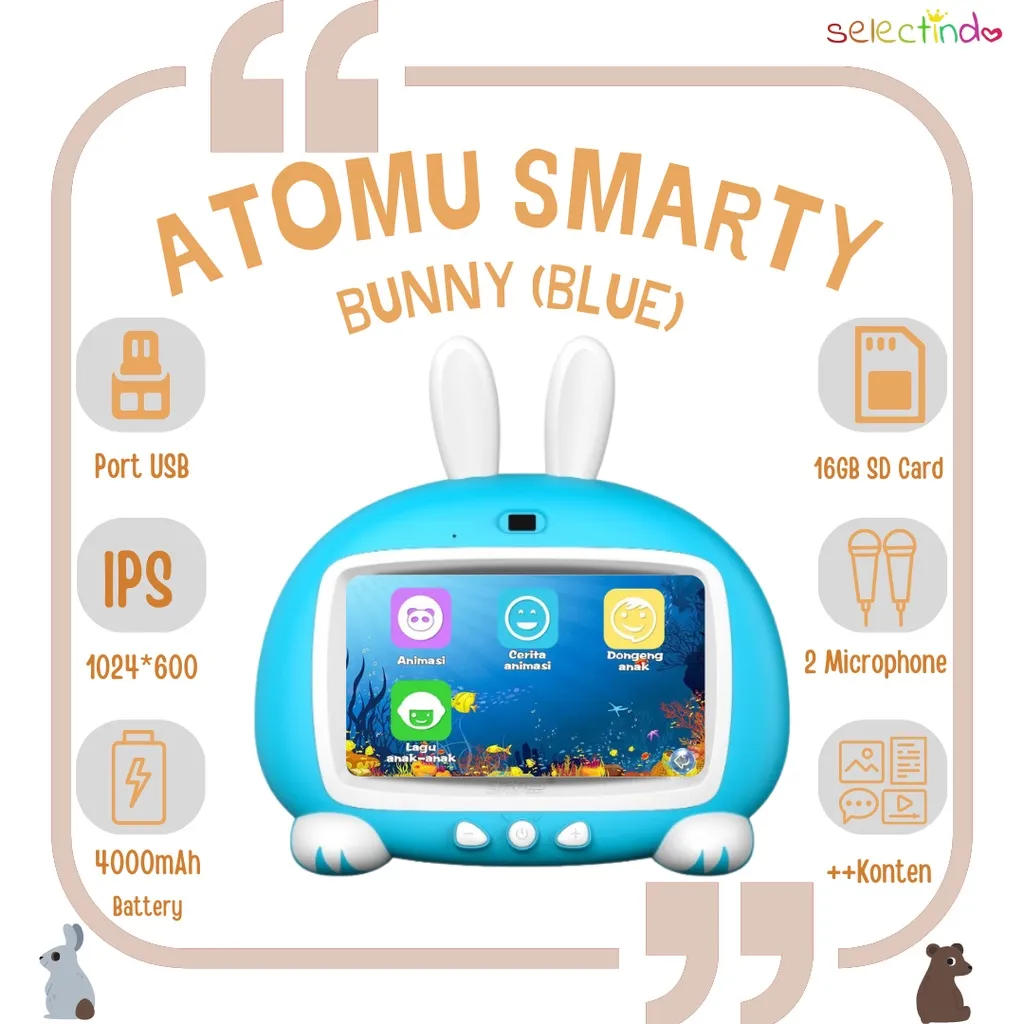 Atomu Smarty Bunny / Tablet Belajar / Tablet Karaoke / Tablet Edukasi /  Mainan Anak / USB Bisa
