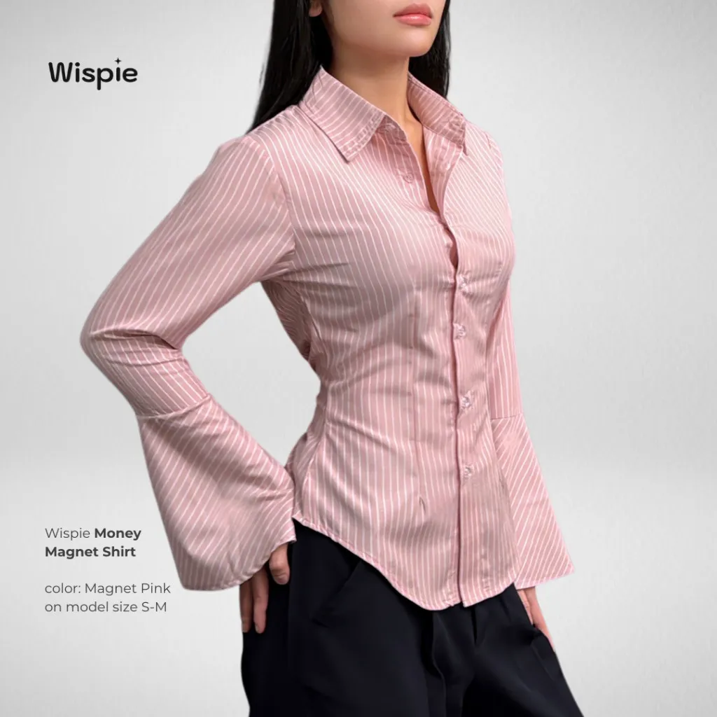 Wispie Money Magnet Fitted Shirt | Kemeja Kerja Wanita Press Body Pinstripe Salur Pink Biru Berkaret