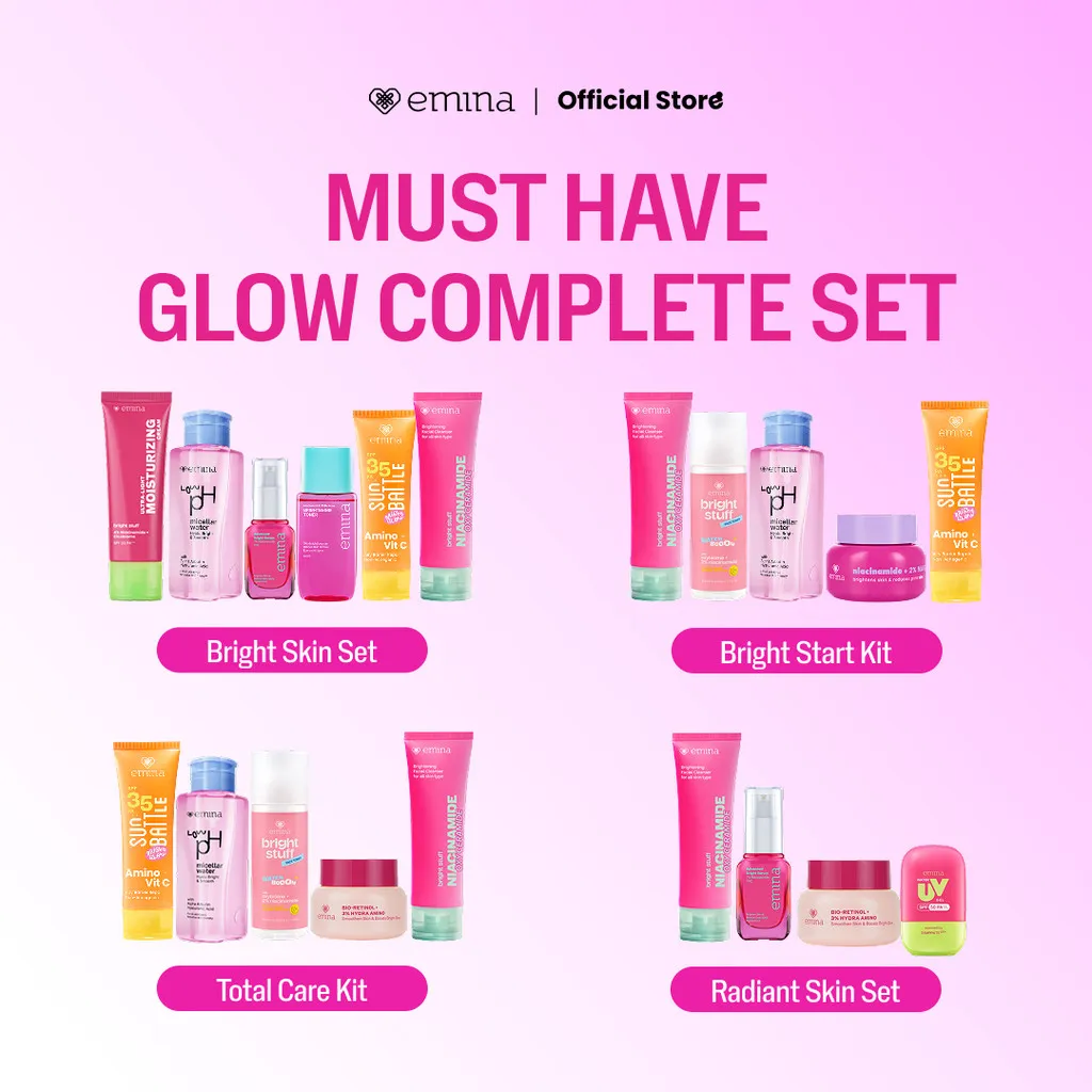 [MUST HAVE] GLOW COMPLETE KIT EMINA BRIGHT STUFF ISI 5 (Micellar Water, Face Wash, Toner, Serum, Moisturizing  Cream)