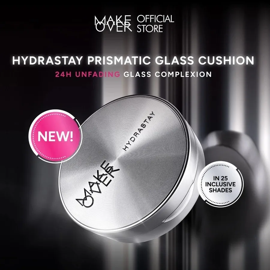 MAKE OVER Complete Glam Set: Hydrastay Prismatic Glass Cushion + Silky Smooth Translucent Powder Buttermilk + Glazed Free Eye Palette Uptown Bae - Set Makeup Lengkap