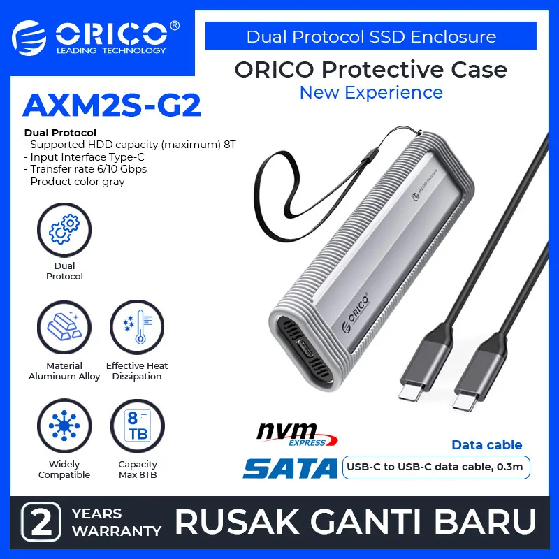 ORICO M.2 NVMe & M.2 NGFF / M.2 SATA SSD Enclosure with Silicone Protective Case USB-C up to 6/10 Gbps, 2-in-1 Cable Portable Hanging Rope - AXM2 series