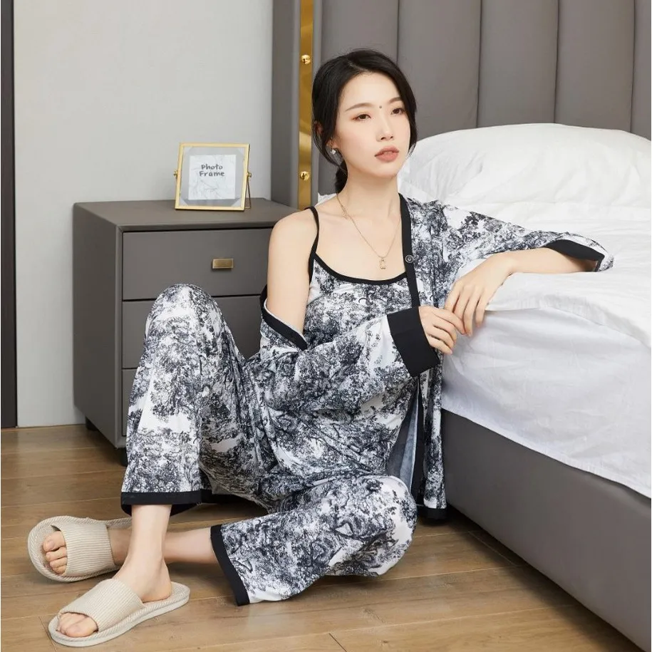 UNINICE Piyama Wanita Gaya Cina, Homewear Musim Panas, Es Sutra Tipis, Longgar, Ukuran Besar