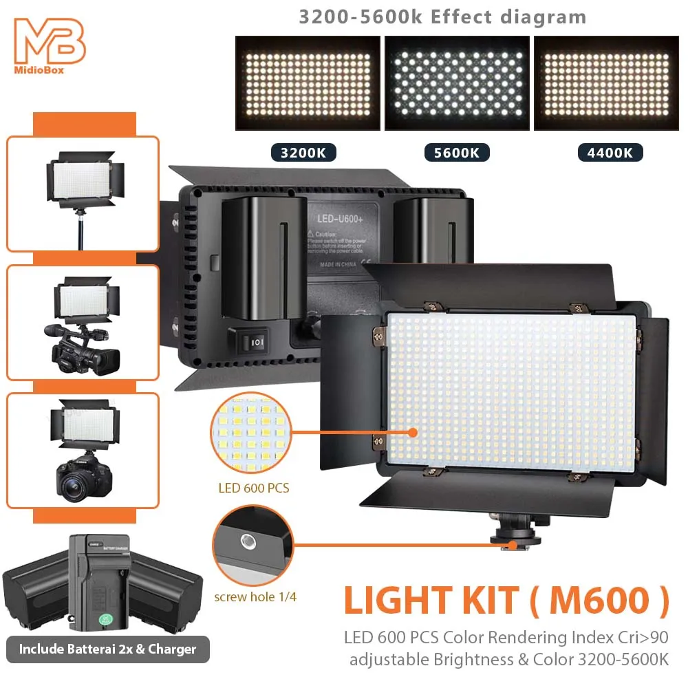 Midio Video Lighting LED M600 Kit Lengkap 2x Baterai dan Charger Adaptor Livestream Lighting Lampu Jualan Online