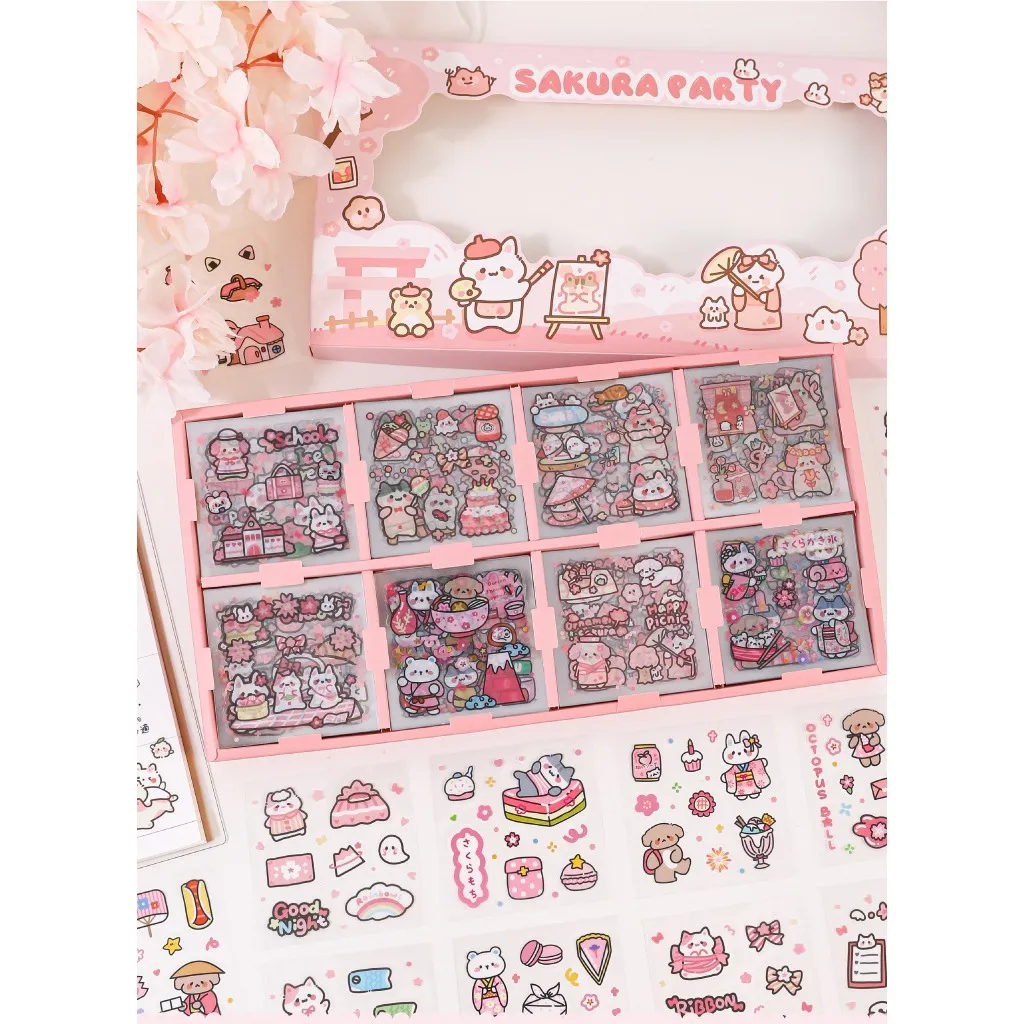 IPHSHOP Stiker isi 200 Lembar Sticker Aesthetic Stiker PVC Anti Air Waterproof Ruan Kitchen Universe Kindergarten Sakura Girl Sakura Cat / 200 Lembar Stiker PVC Motif Kartun Lucu Untuk Dekorasi Scrapbook