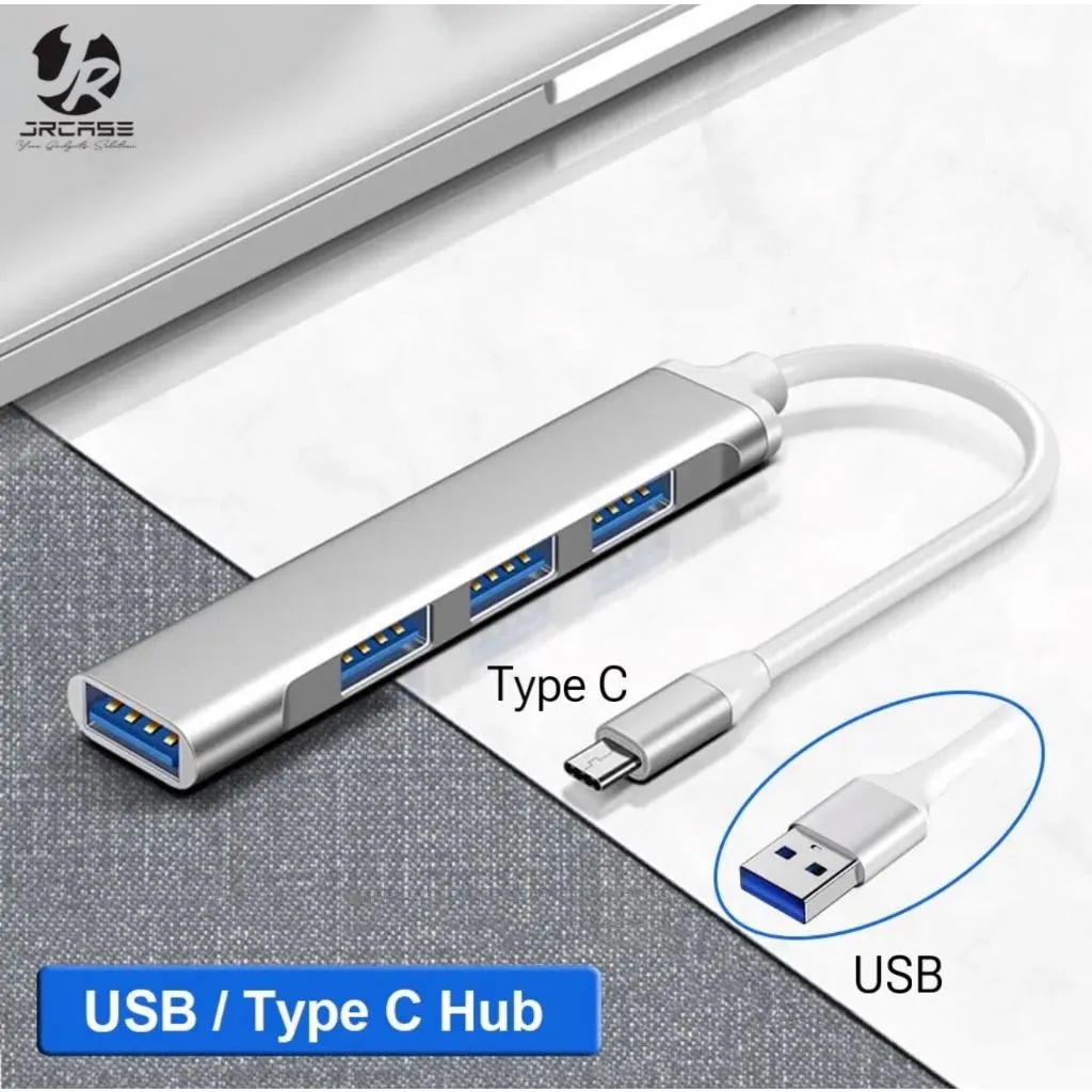 4in1 Adapter 4 Port Hub Type C & USB 3.0 Hub High Speed Aluminium Shell OTG Converter Usb 4 in 1 Interface Docking Station Splitter PC Laptop Ponsel Konverter Sambungan Transfer data Flashdisk ke Hp Handphone Ponsel