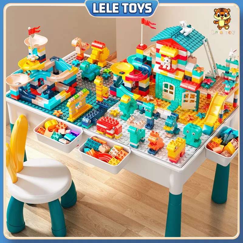 Lele Toys Meja balok bangunan multi-fungsi anak (dengan bangku) / meja dan kursi belajar / set balok besar Bangunan Yang Dirakit Meja Belajar Dan Kursi Set Mainan Edukasi Pembelajaran Dini