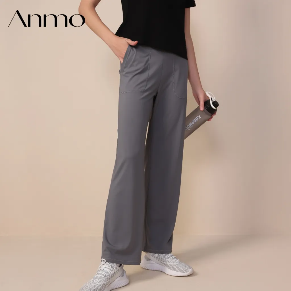 ANMO-Celana kasual high-waist, celana olahraga, celana cutbray santai, celana longgar model lurus