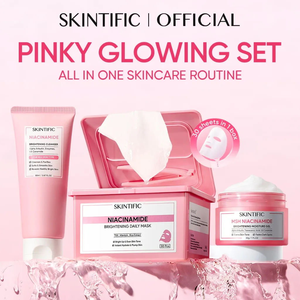 SKINTIFIC - 3X Glowing Routine Set | 3IN1 Niacinamide Brightening Daily Mask / Cleanser / Moiturizer / Toner 3pcs Day Night Time 2pcs masker wajah Deep Moisture Hydration Pinky Duo Trio