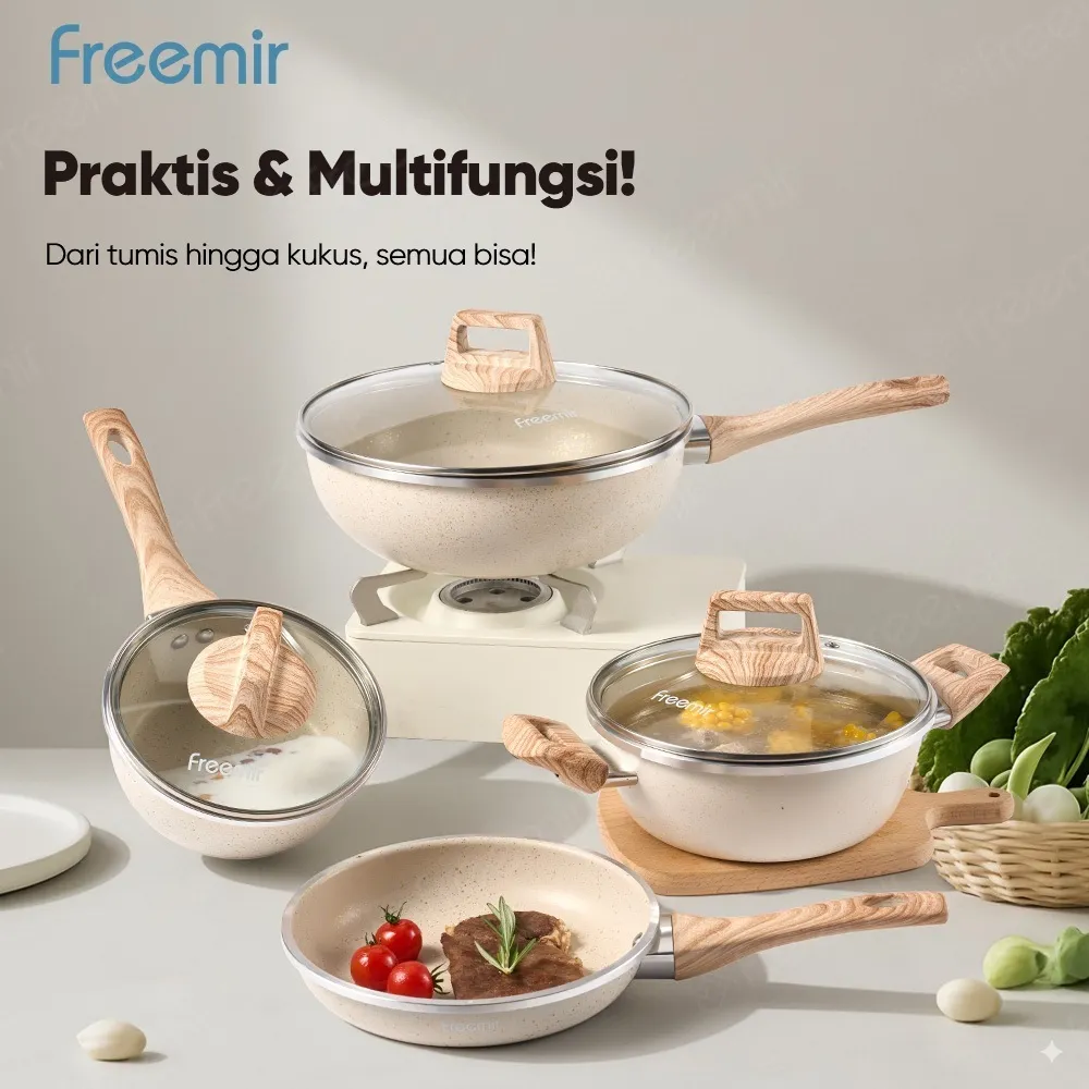 [OFFICIAL] freemir Set 7 Pcs Wajan Panci Anti Lengket Lapisan Granit Alat Masak Lengkap Tutup Kaca