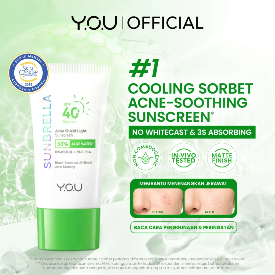 YOU Sunbrella Acne Shield Light Sunscreen SPF40+ PA++++ | Tabir Surya Oil Control untuk Kulit Berjerawat | Sensitive Acne Skin Friendly | UVA UVB Blue Light