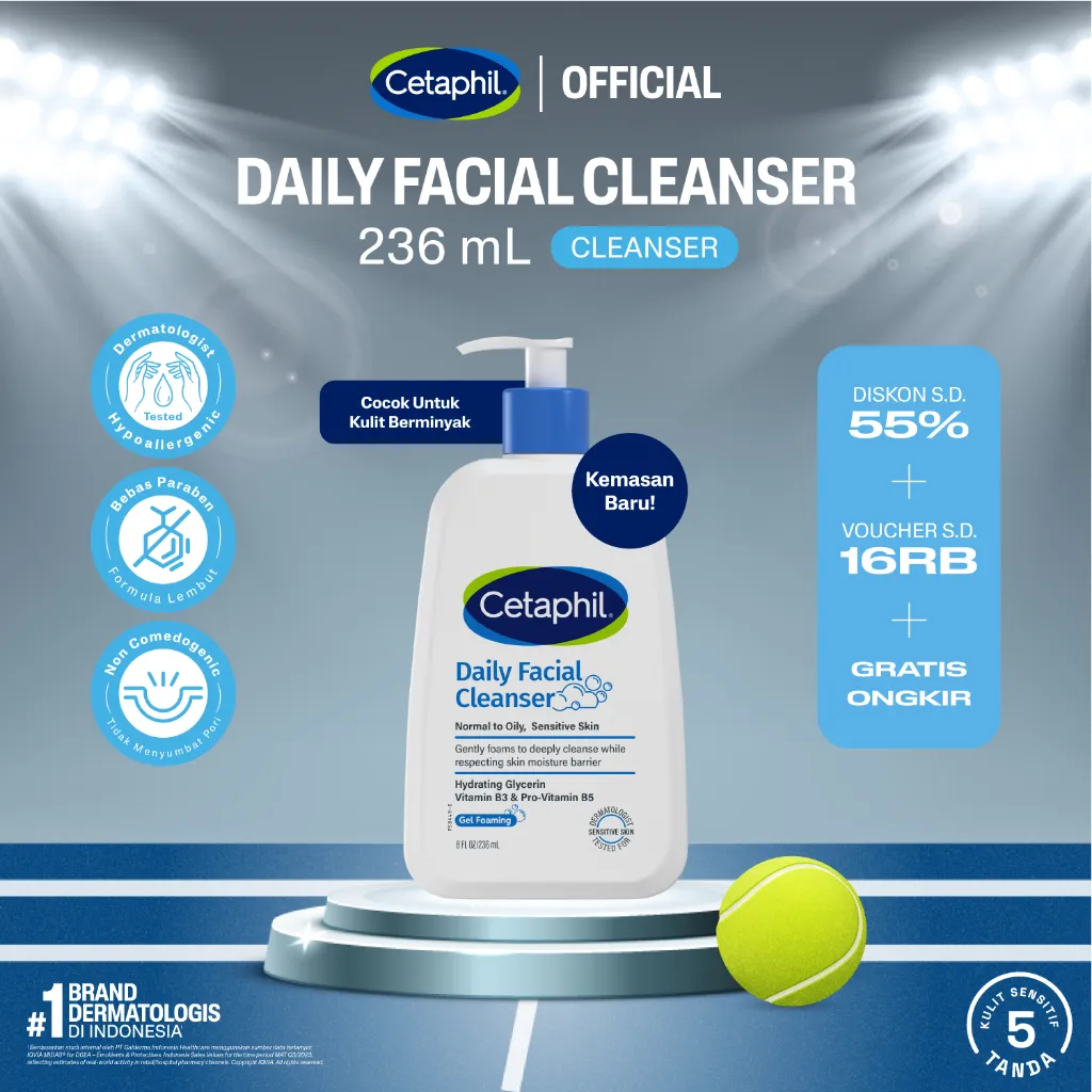 Cetaphil Daily Facial Cleanser 236ml dengan Hydrating Glycerin, Panthenol, Niacinamide untuk meminimalkan tampilan pori-pori pada Kulit Berminyak dan Sensitif