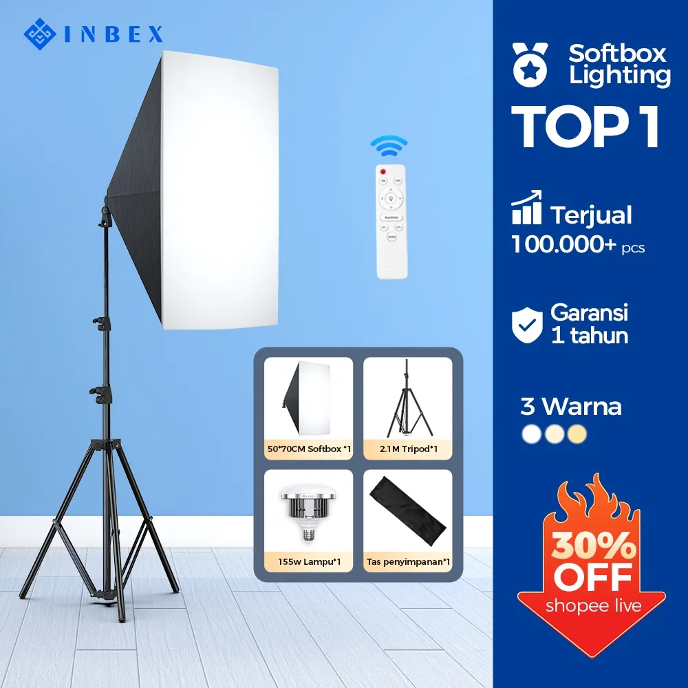 [NO.1]INBEX Softbox Kit Lighting Konten Kreator Ring light  Lampu Studio vlog Live Streaming Video 3 Warna 3000K 6000k 50x70cm