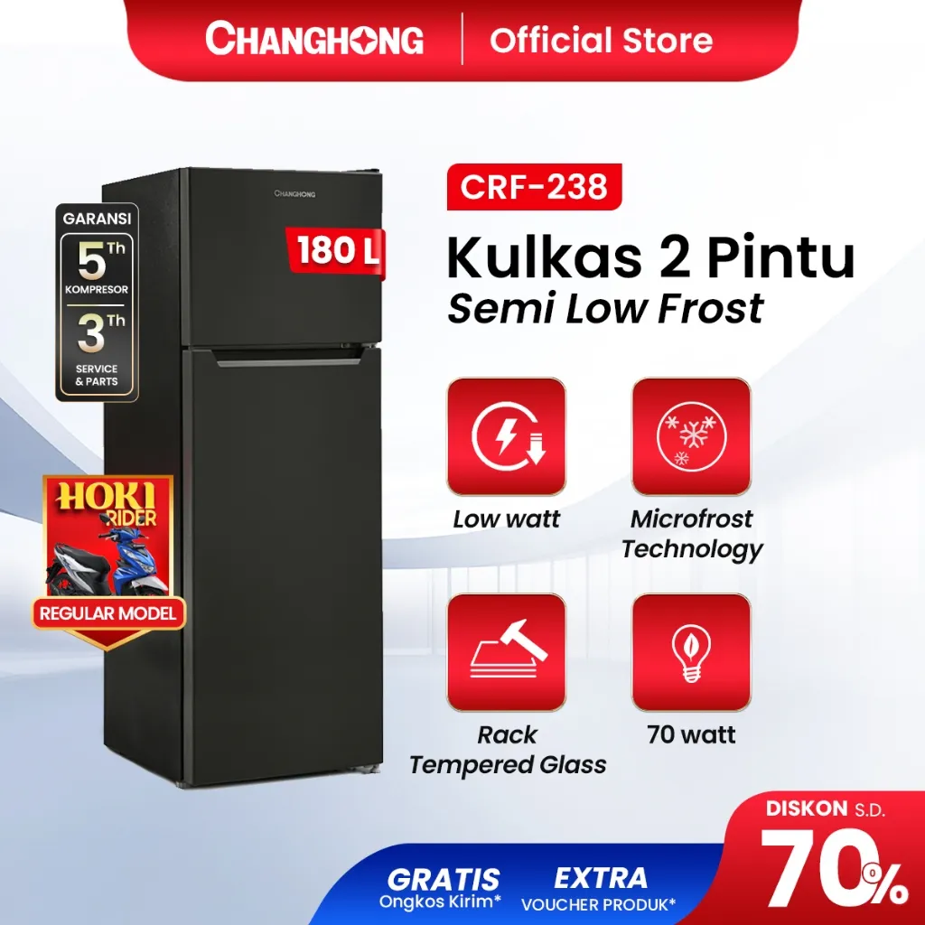 [BEST SELLER] Changhong Kulkas 2 Pintu  (Refrigerator) Lemari Es Kapasitas 180 Liter CRF238 – Black (Semi Auto No Frost) (Kapasitas Besar) (Tempered Glass) (Kombinasi Pendinginan-Pembeku) (Engsel Pintu Fleksibel) (Interior Kulkas Dengan Food Grade)