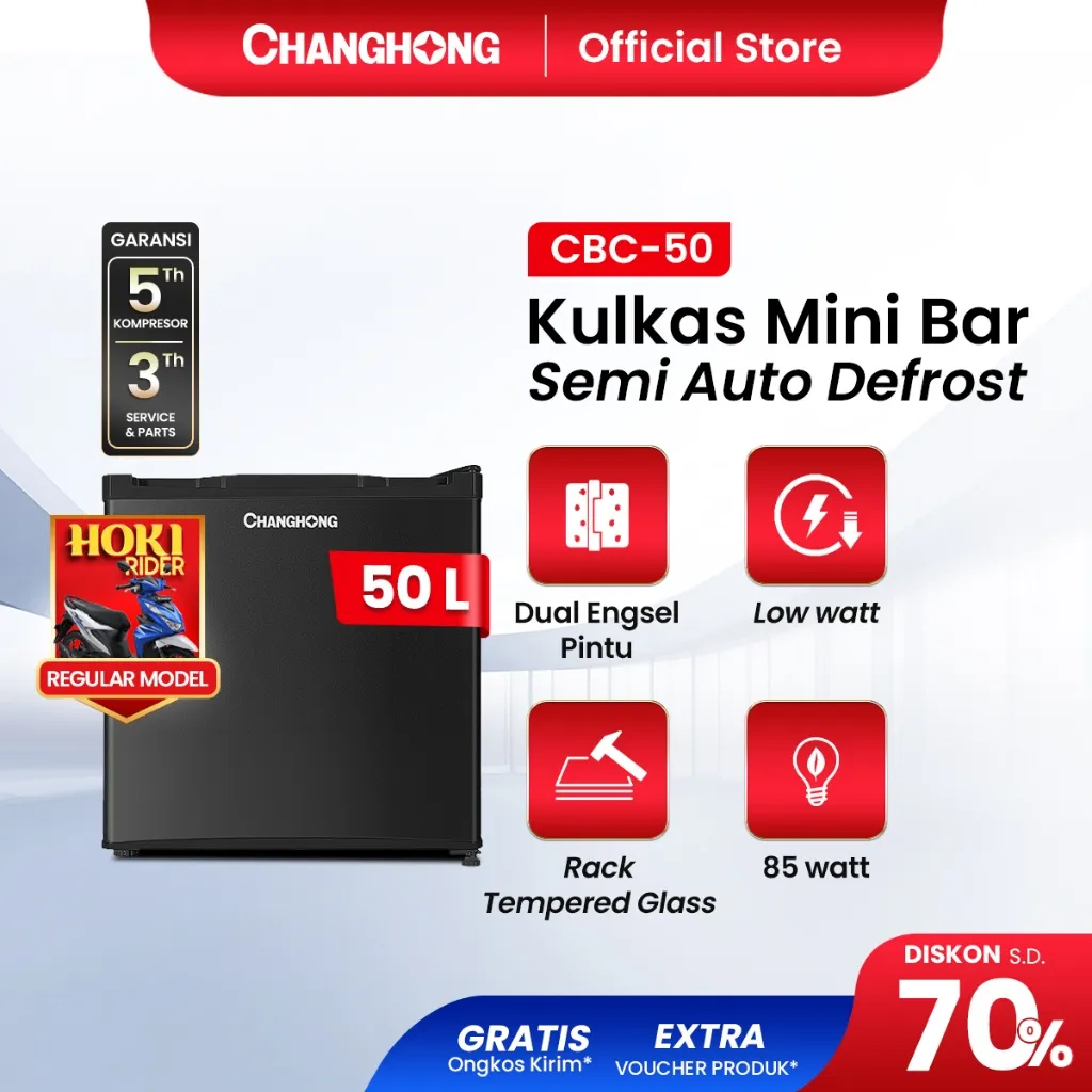[SMART CHOICE] Changhong Kulkas Mini Bar (Refrigerator) Lemari Es Kapasitas 50 Liter  CBC 50 (Semi Auto Defrost) (Adjustable Door Bisa Di Buka dari Kiri/Kanan) (Kulkas Simple Minimalis) (Freezer Yang Terpisah) (Tidak Bising)