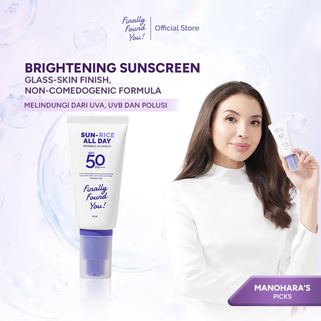 [Manohara's Pick] Finally Found You! SUN-RICE ALL DAY Invisible UV Shield SPF 50 PA++++ 50ml Sunscreen Wajah untuk Semua Jenis Kulit, Melindungi dari Sinar UVA UVB, Mencerahkan Wajah dan Memberikan Hasil Glass Skin