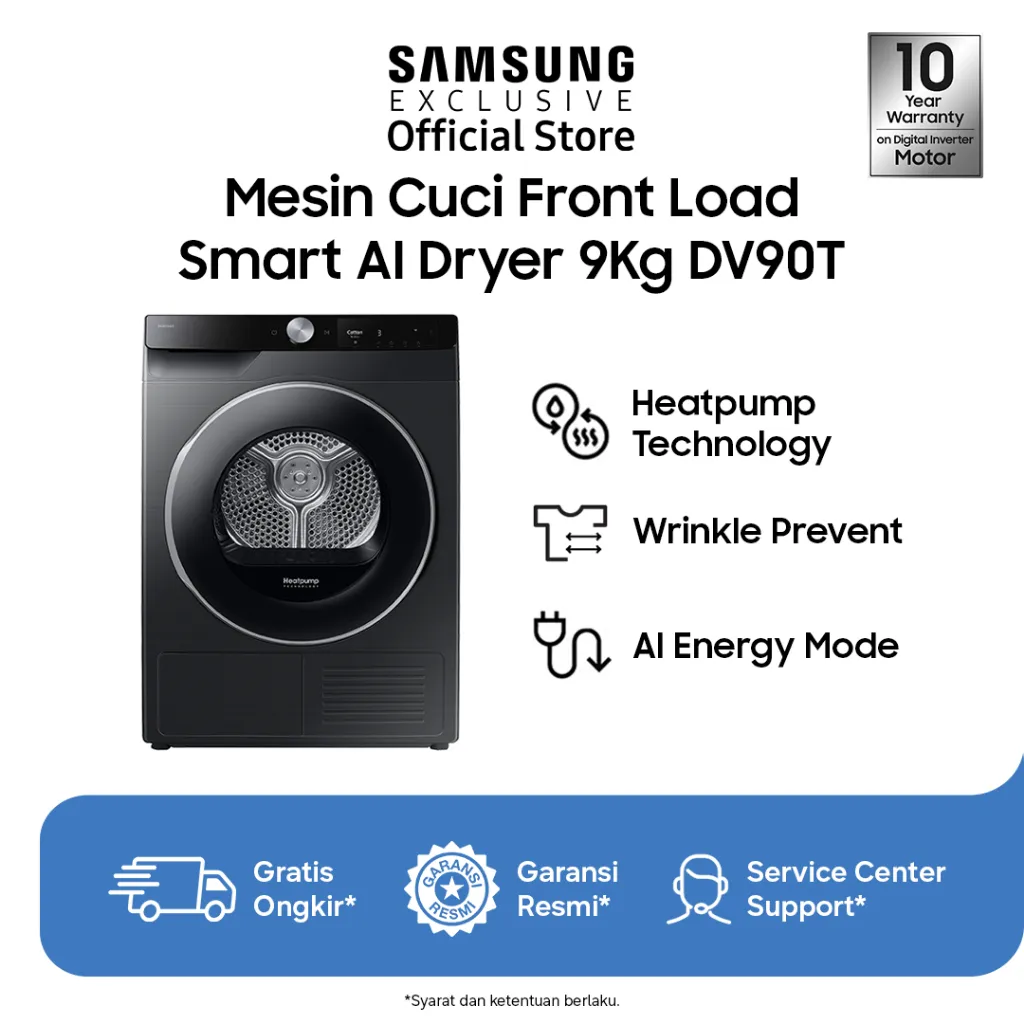 Samsung Dryer Bespoke AI Top 9kg | Mesin Pengering Pakaian | Heatpump Technology | DV90T6240LB