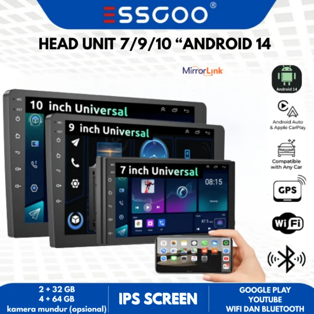 ESSGOO Head Unit Android 14 4GB+64GB 7/9/10 Inch 2Din Wifi GPS Wireless Carplay Bluetooth Universal