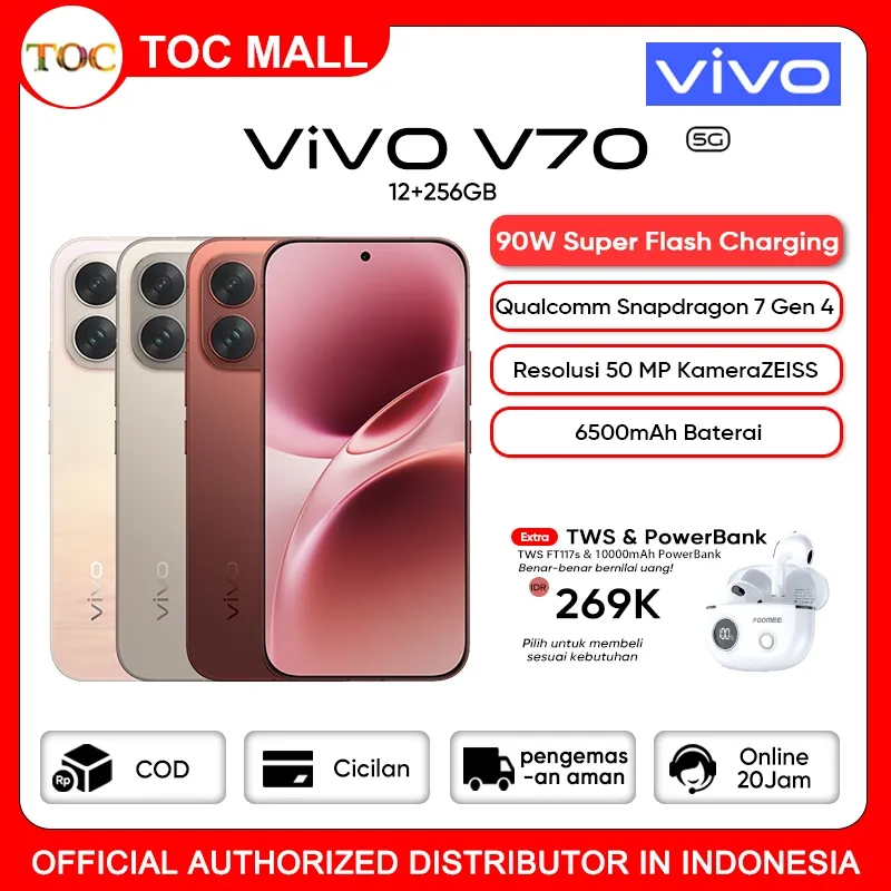 [Official Store] VIVO V70 5G 12/256GB-Garansi Resmi VIVO Indonesia 1 Tahun,Snapdragon 7 Gen 4
