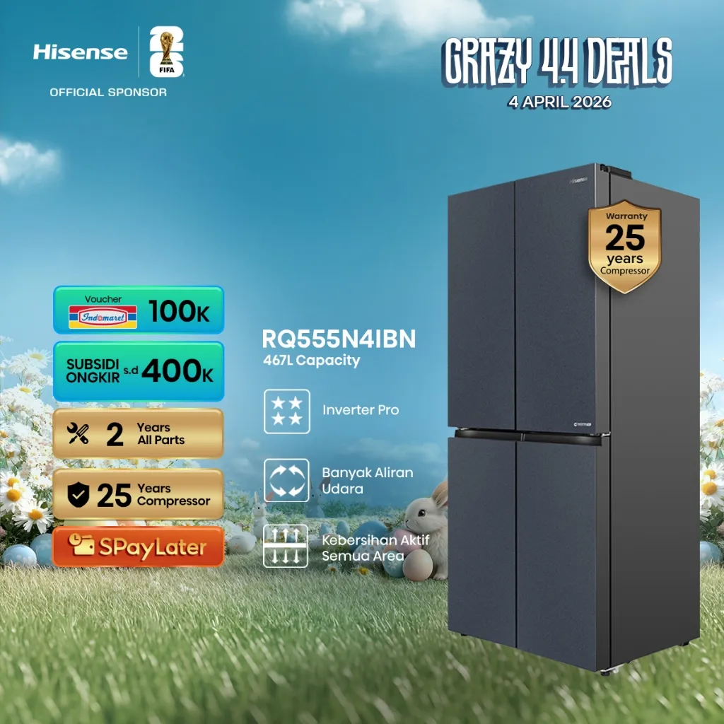 Hisense Kulkas RQ555N4IBN Refrigerator 4 Pintu Kapasitas 468L Warna Hitam Inverter Pro 360 Derajat Multi Air Flow All Zone Active Hygiene and Removable Twist Ice Maker LED Display & Gentle LED Lighting Large Capacity Freezer