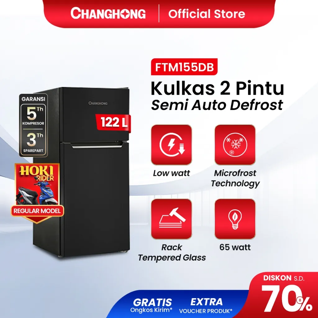 [BEST CHOICE] Changhong  Kulkas 2 Pintu  (Refrigerator) Lemari Es  Kapasitas 122 Liter FTM155DB Black (Semi Auto Defrost) (Kulkas Minimalis Design Korean Look) (Kulkas Fleksibel) (Kombinasi Pendingian Dan Pembekuan) ( Kulkas Temperred Glass)