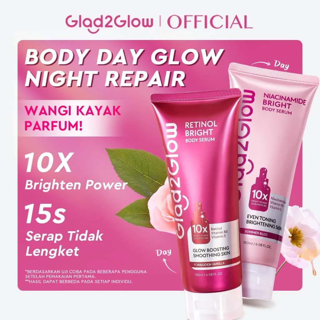 [ New Launch ] Glad2Glow Retinol/Niacinamide Bright Body Serum Body Lotion 10X Cerah Instant Absorb Whiten Tone Up All Day Bright Glow pemutih badan dengan parfum tahan lama Long Lasting Fragrance Body Cream Butter G2Glow Official Store