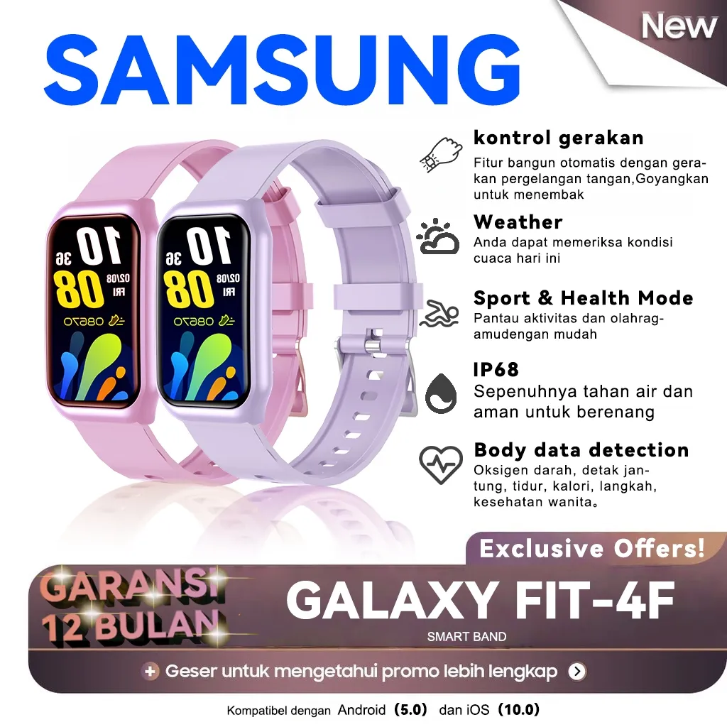 [New] Samsung Smartwatch Smartband galaxy Fit-4F4 IP68  Sleek Aluminum Alloy Case Smartband  Pemantauan Detak Jantung Oksigen Darah Pelacak Kebugaran