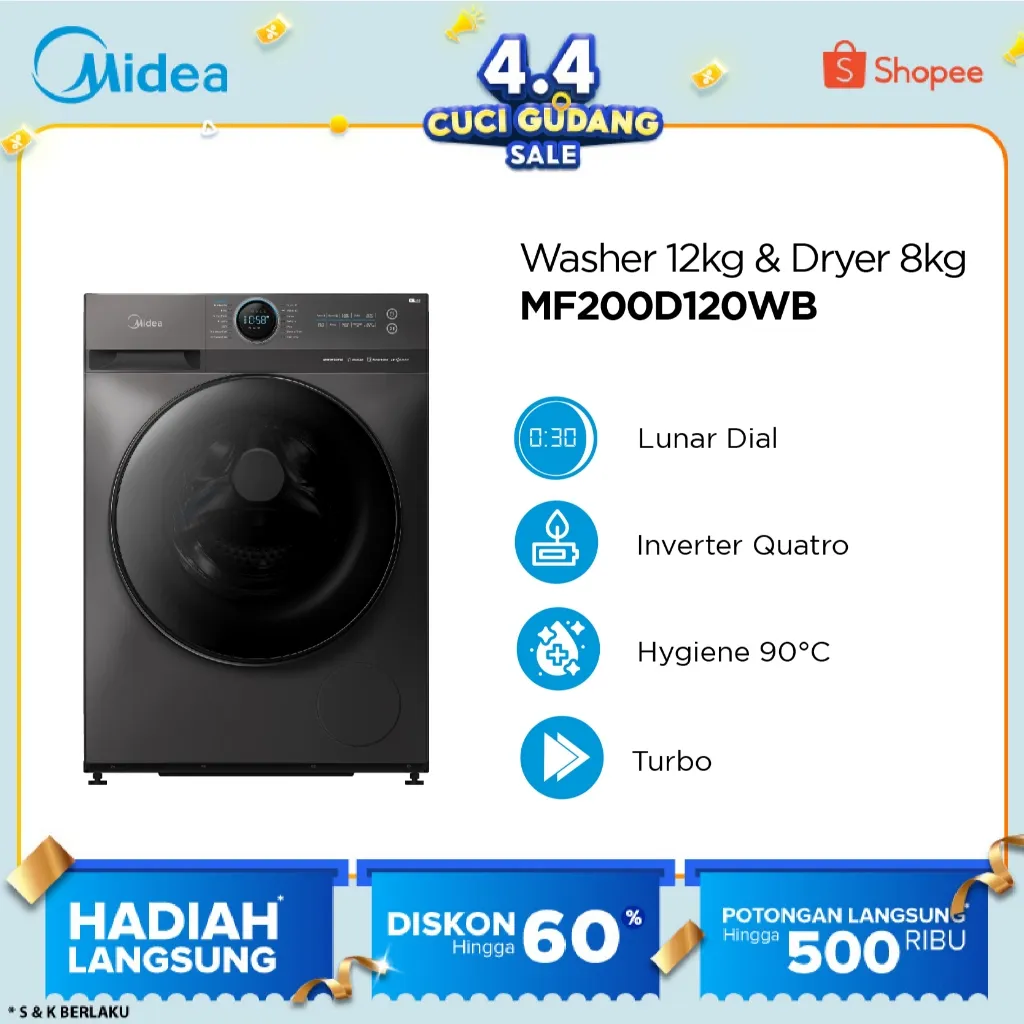 Midea Mesin Cuci 12 kg + Mesin Pengering 8 kg ( Washer – Dryer ) Front Load Inverter – MF200D120WB
