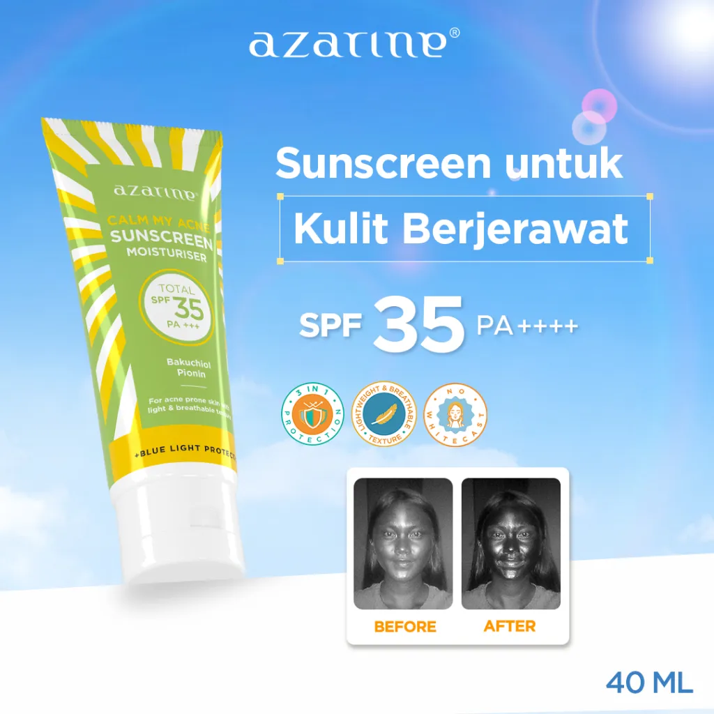 Azarine Calm My Acne Sunscreen Moisturiser SPF35 PA+++ [LOLOS UJI INVIVO INVITRO] Chemical Sunscreen Gel Untuk Kulit Berminyak Berjerawat Sensitif 40ml