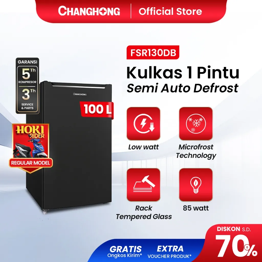 [Best Selling] New Changhong Kulkas 1 pintu (Refrigerator) Lemari Es Kapasitas 100 Liter – Black FSR130DB (Semi Auto-Defrost ) (Ajustable Door Bisa Di Buka Dari Kanan/Kiri) (Penyimpanan Besar) (Pintu Fleksibel) (Freezer Yang Terpisah) (Pembekuan Cepat)