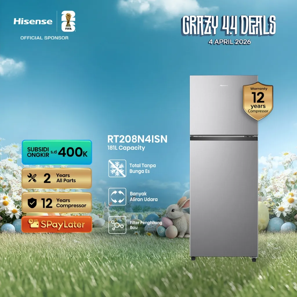 Hisense Kulkas RT208N4ISN Refrigerator 2 Pintu Kapasitas 181L Warna Silver Tanpa Bunga Es Sirkulasi Udara 360 Derajat & Filter Anti Bau Desain Minimalis Pintu Besar Terbuka 90 Derajat