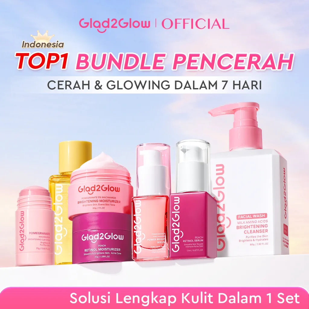 [Cocok Untuk Pemula]Glad2Glow Cerah Glowing Bundle all in 1 7in1-Brightening Moisturizer+Serum+Cleanser+toner+Peeling solution+Retinol 10%Niacinamide skincare paket pembersih perawatan kulit mencerahkan warna kulit g2glow official store
