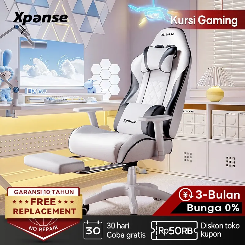 Xpanse OrcaNova Kursi Gaming Putih Ergonomis Kursi Kantor Nyaman dengan Kulit Anti Noda Memory Foam