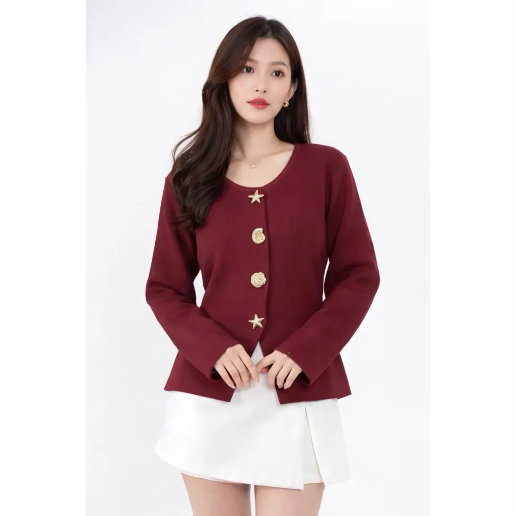 Chloebeautyshop - Alloy Cardigan Rajut Wanita Mewah | Outer Korea Kancing Emas Gold Premium Knitwear Lembut