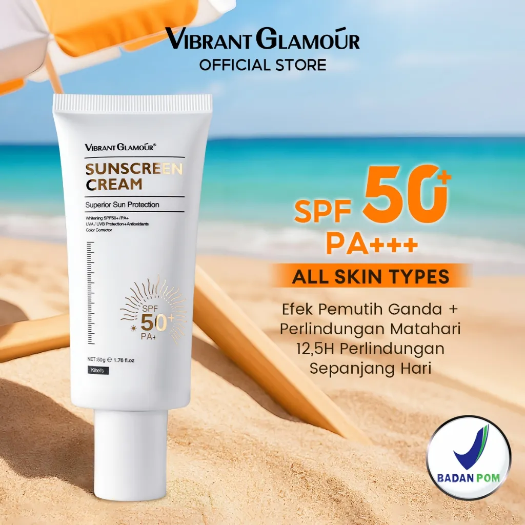 VIBRANT GLAMOUR  Sunscreen Pemutih Ganda 50g SPF50+ PA+++ UVA/UVB, Anti-Aging, Pengurangan Noda, dan Melembapkan Memperbaiki kulit yang rusak, mengurangi penumpukan melanin