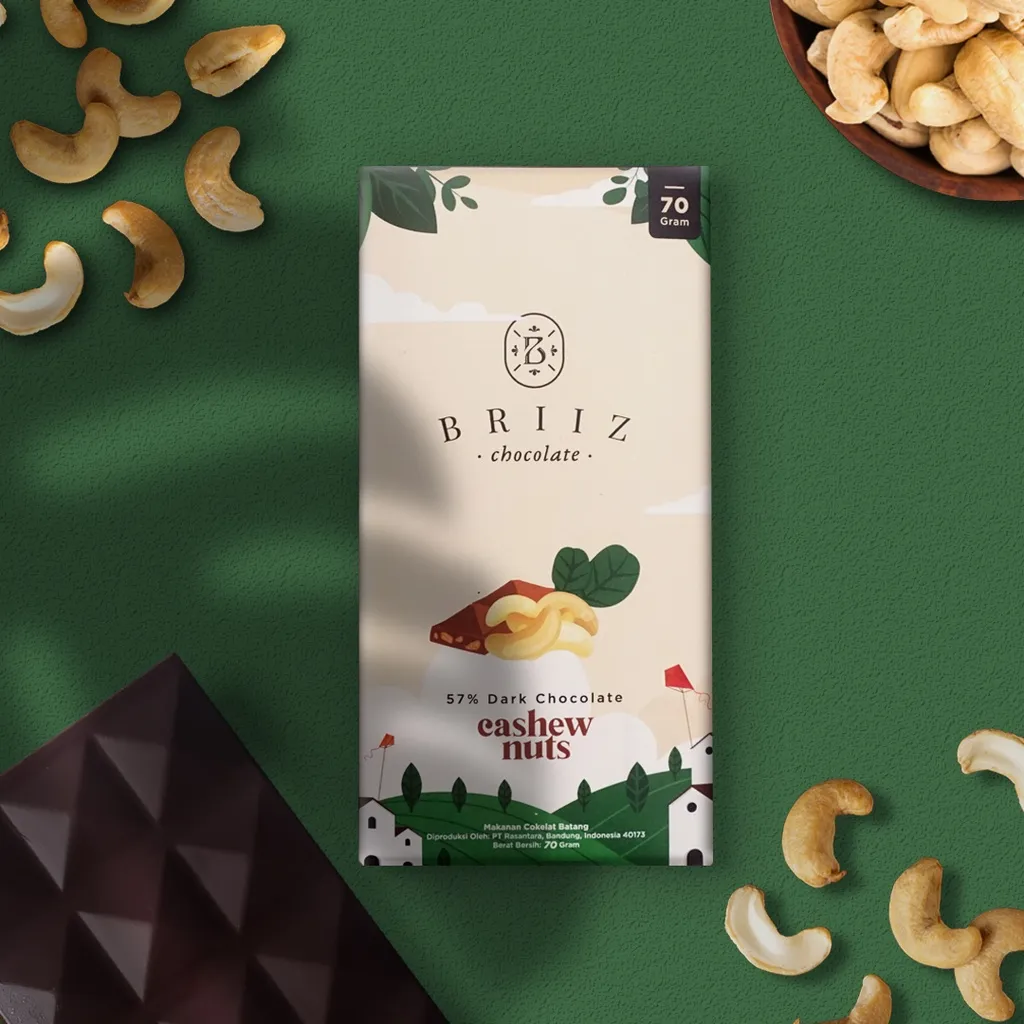 BRIIZ - Chocolate Bar Cashew Single Origin | Dark 100% Cocoa Butter Premium | Artisan Indonesia | Cokelat Vegan | Healty Snack | Cemilan Sehat | Snack Diet | Coklat Batangan Kakao Asli