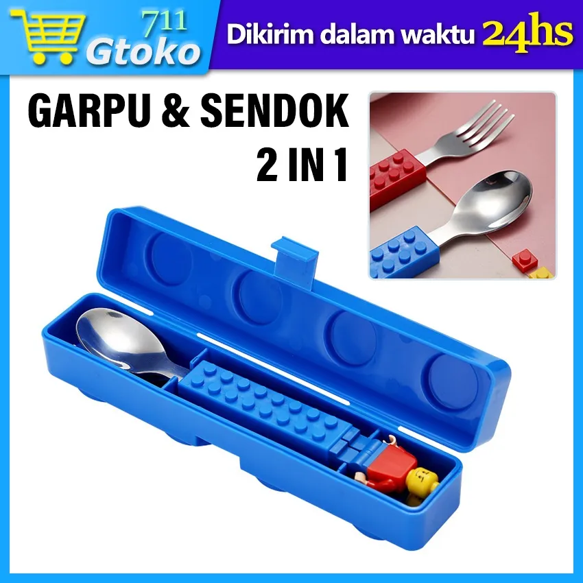 Sendok Garpu Set Block Balok Kotak Alat Makan Anak Sekolah Bahan Stainless Steel