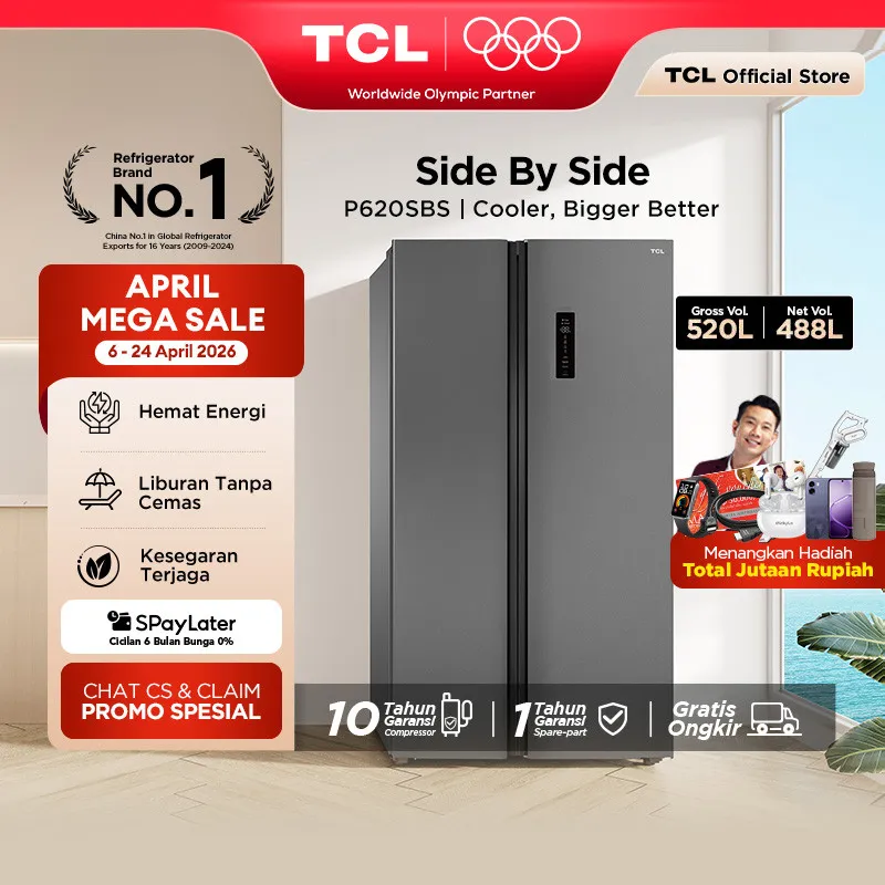 TCL Kulkas 2 Pintu Side by Side - Kapasitas 520L - Holiday Mode - Twin Eco Inverter - AAT Gen 2 Natural Eco Freshness - Tanpa Bunga Es - Child Lock - P620SBS - P620 SBS